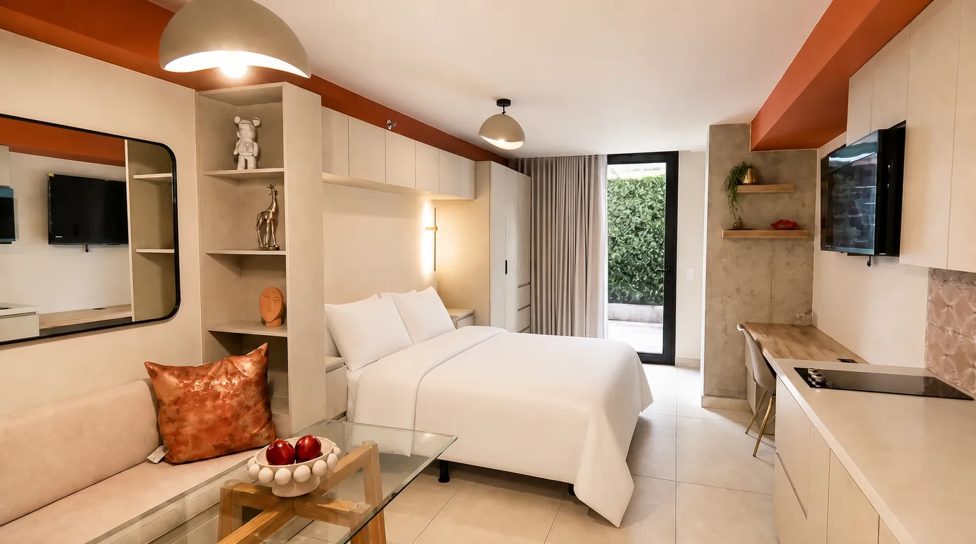 Habitación con escritorio, espejo y salida al jardín