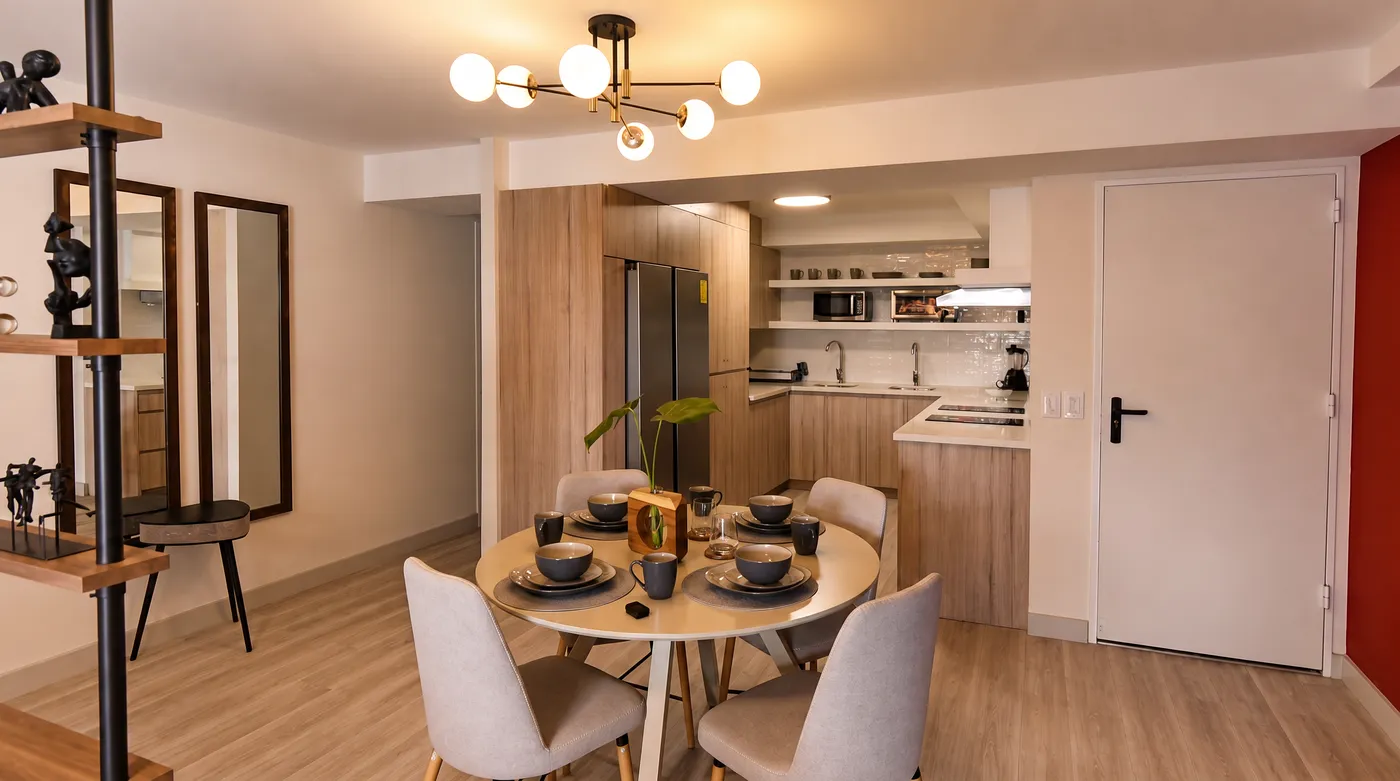 Comedor con mesa redonda y cocina de madera