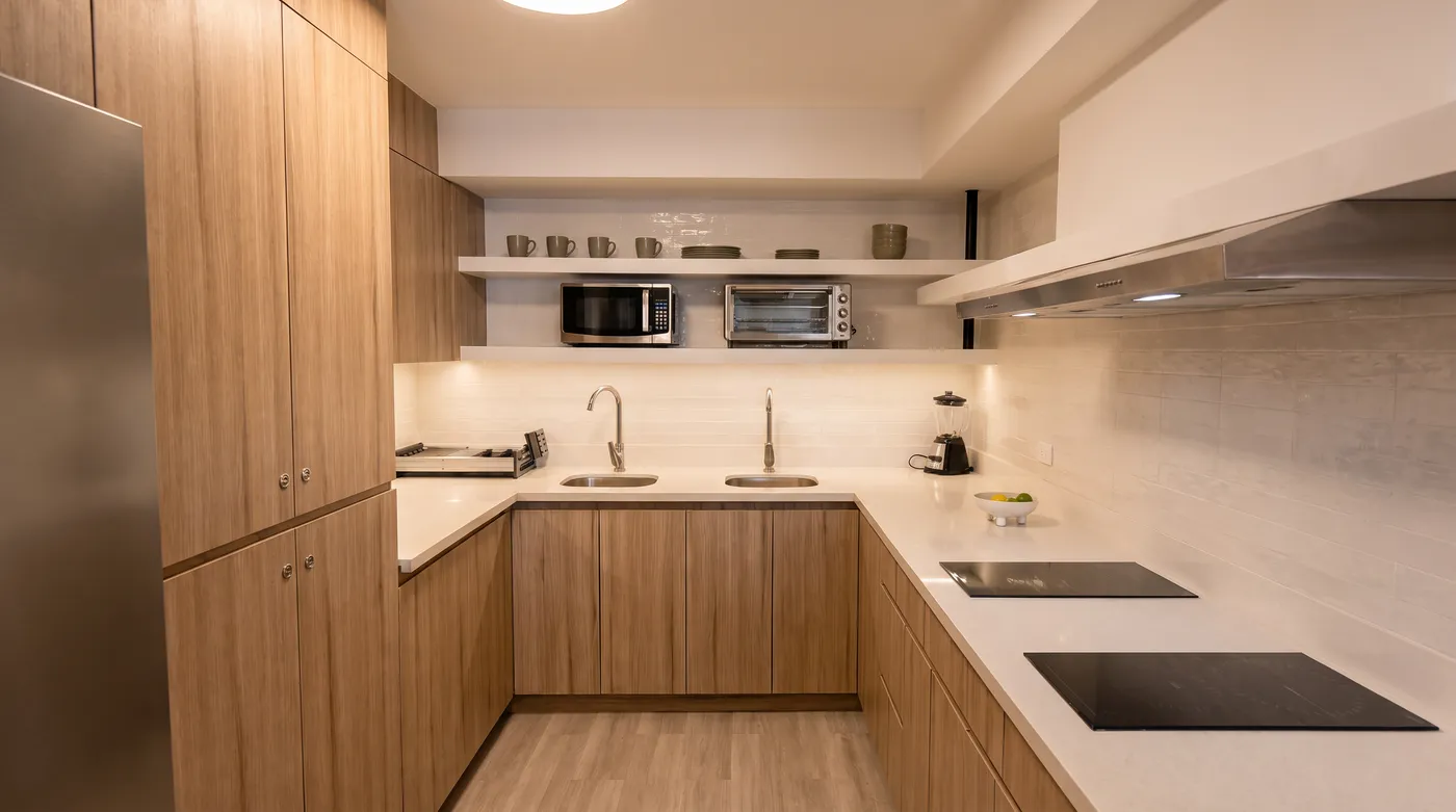 Cocina de madera en U con microondas y horno
