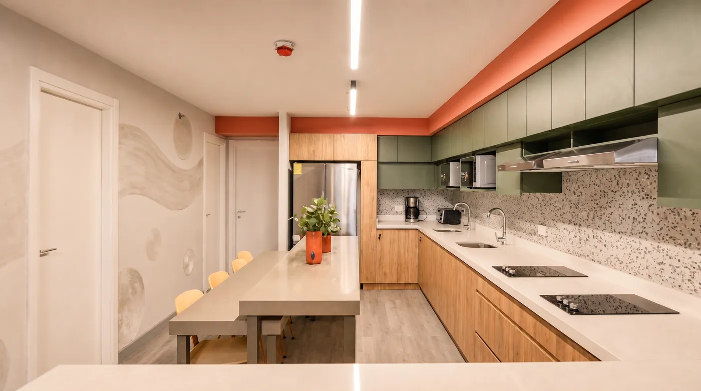 Cocina verde con isla e ingreso