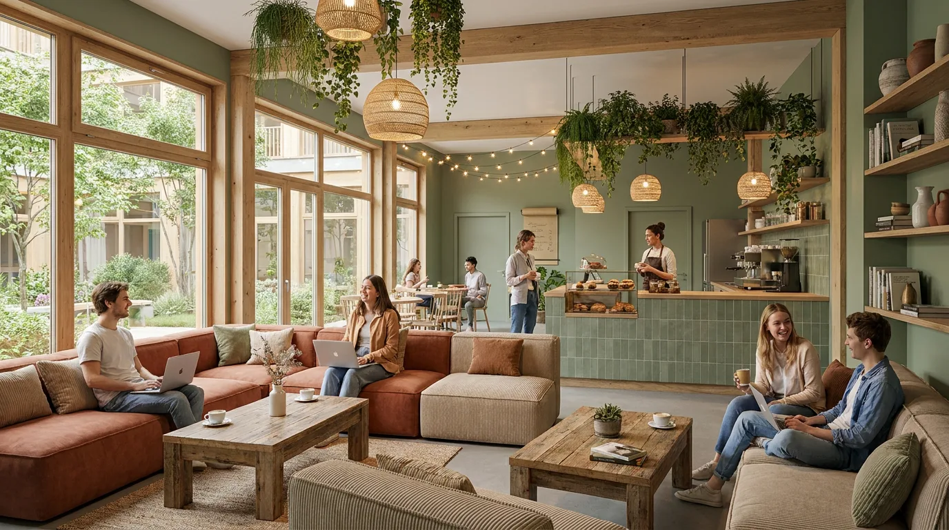 Render del área comercial en planta baja con locales y zona de estar