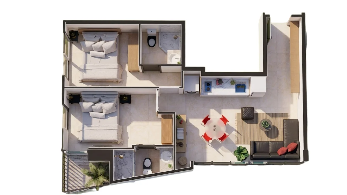 Plano del apartamento de dos habitaciones, con dos baños, cocina, sala-comedor y balcón