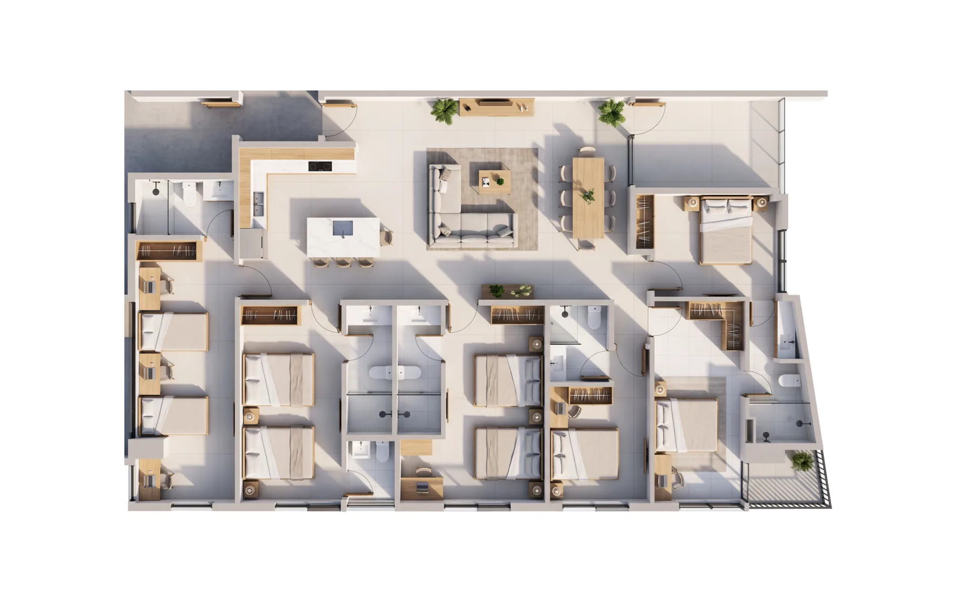 Plano del coliving: siete habitaciones privadas con baño alrededor de la sala, el comedor y la cocina compartidas