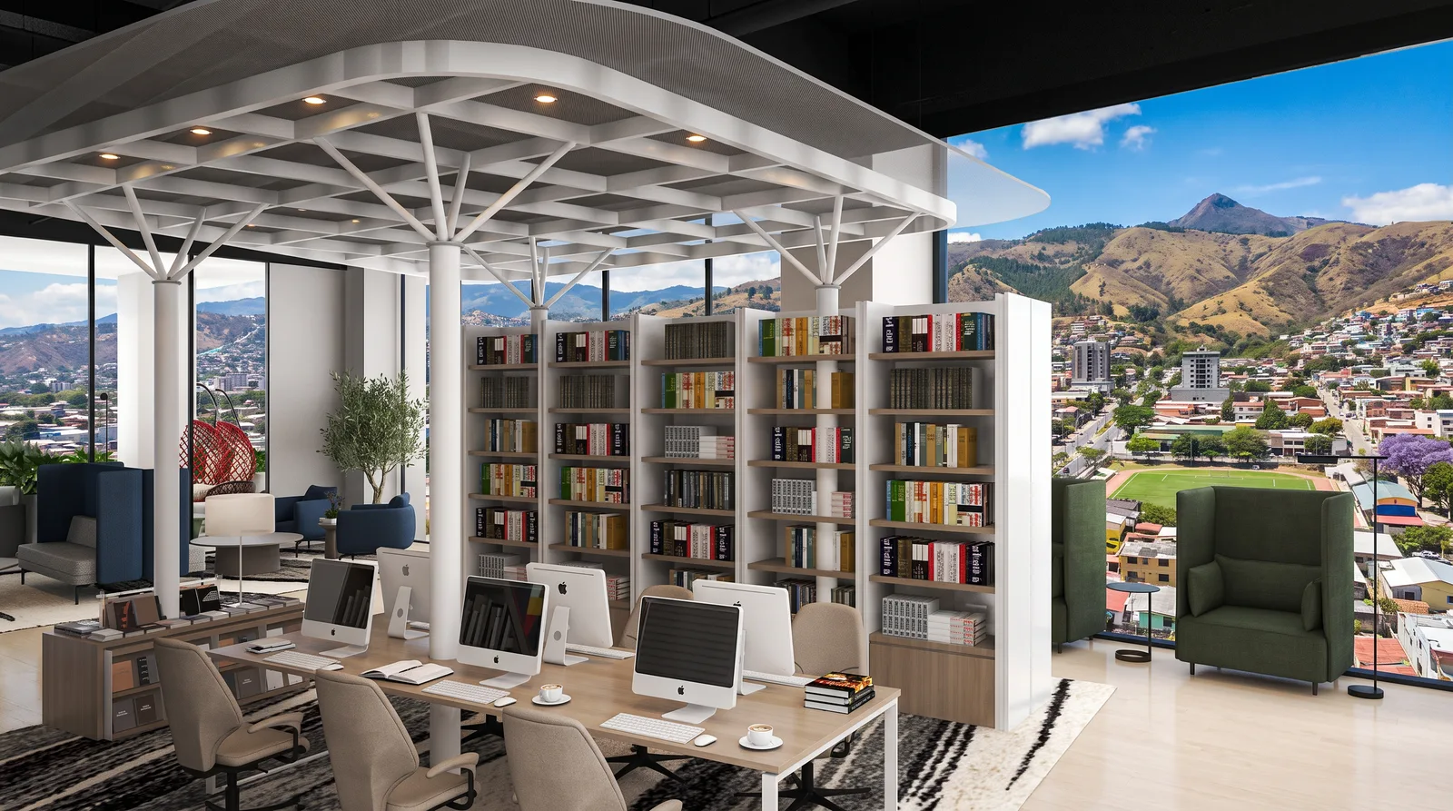 Coworking con biblioteca de doble altura y vista panorámica a la ciudad