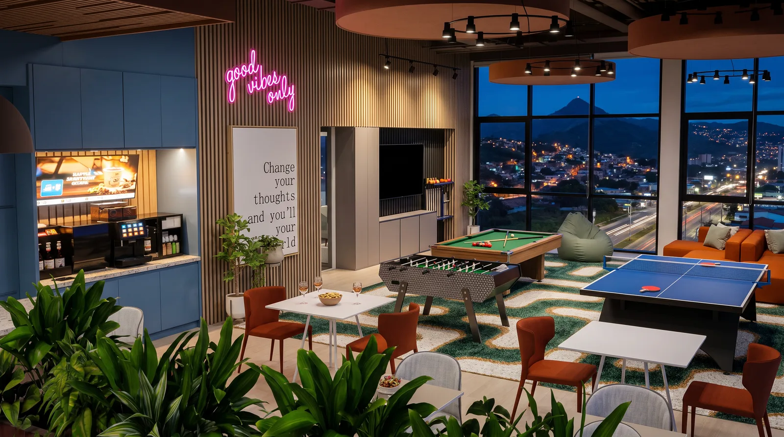 Lounge y cafetería de noche con vista a las luces de la ciudad