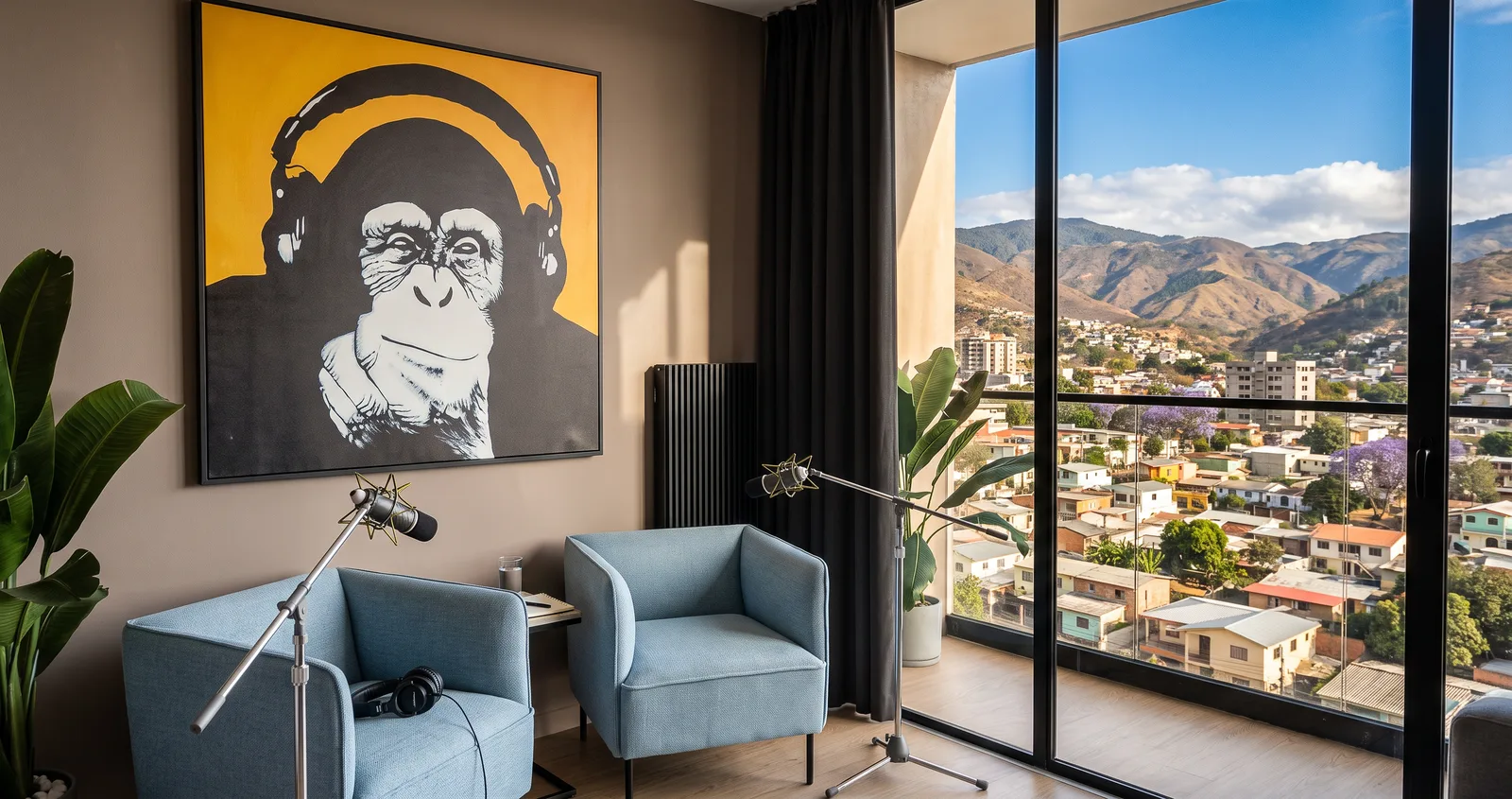 Sala de podcast con micrófonos, butacas y ventanal a la ciudad