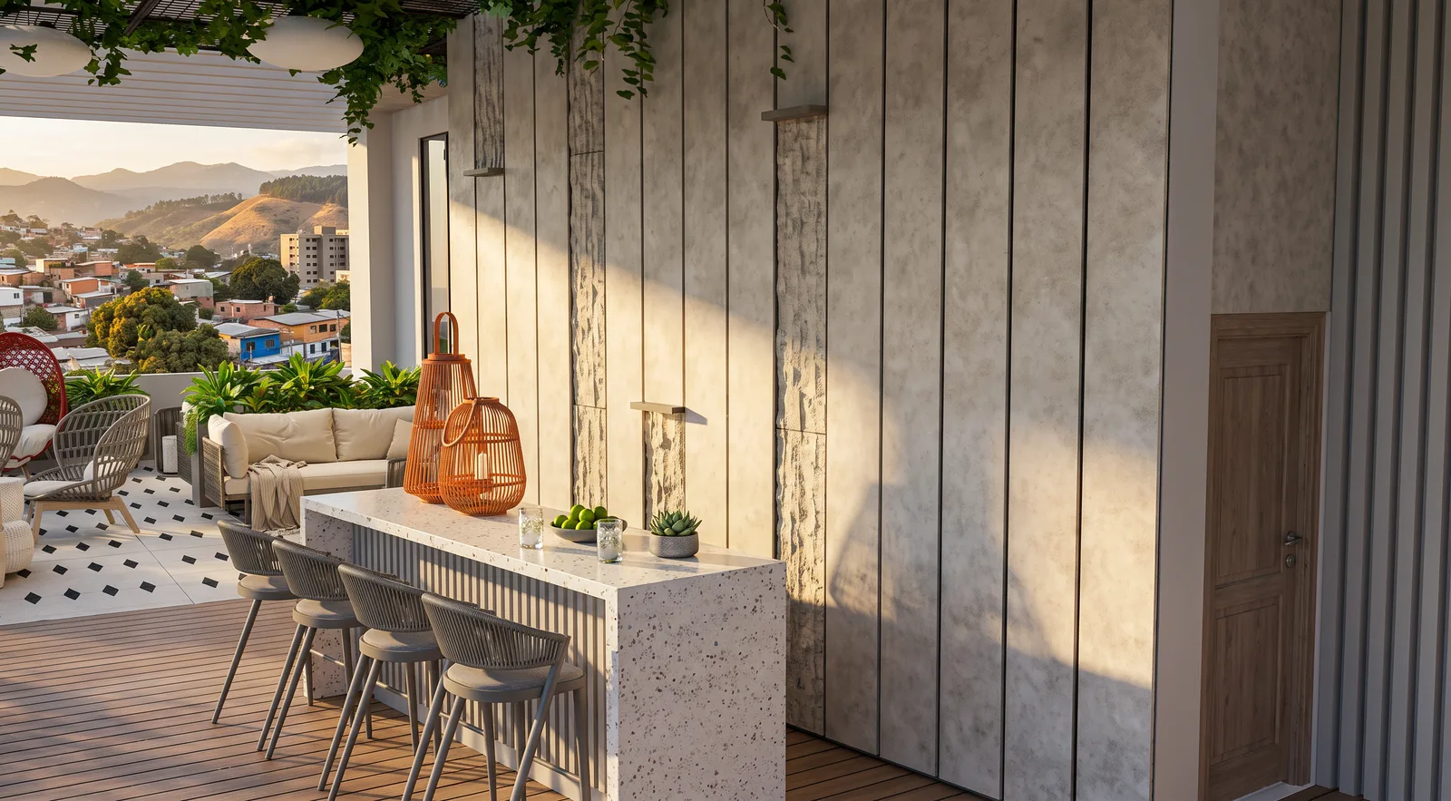Terraza con barra y sala exterior al atardecer, con vista a las montañas